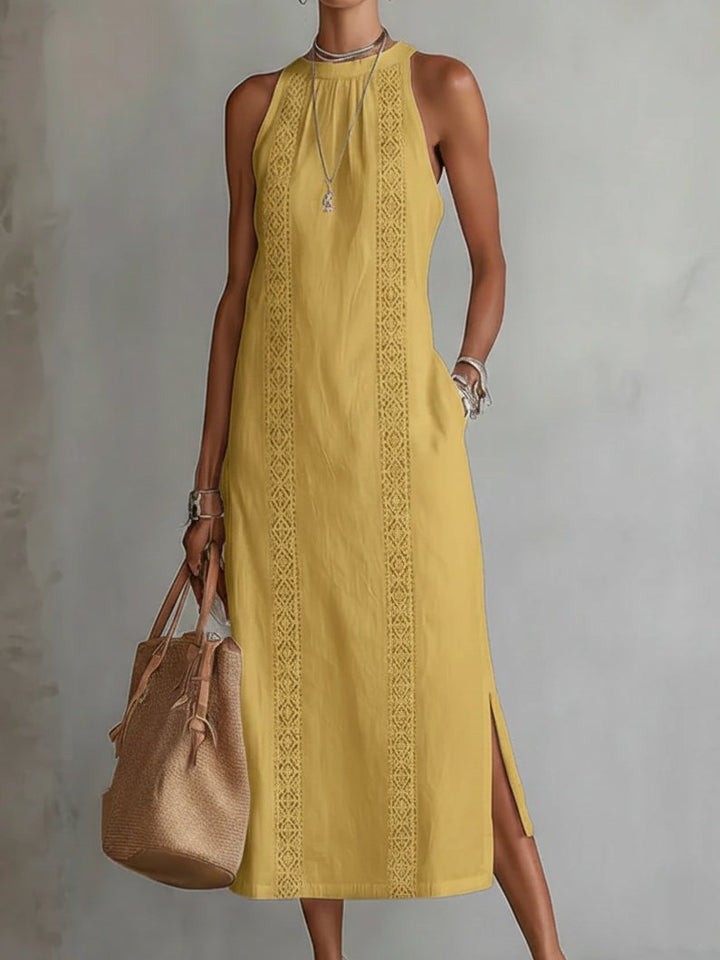 Women's Embroidered Sleeveless Round-Neck Midi Dress - Yellow