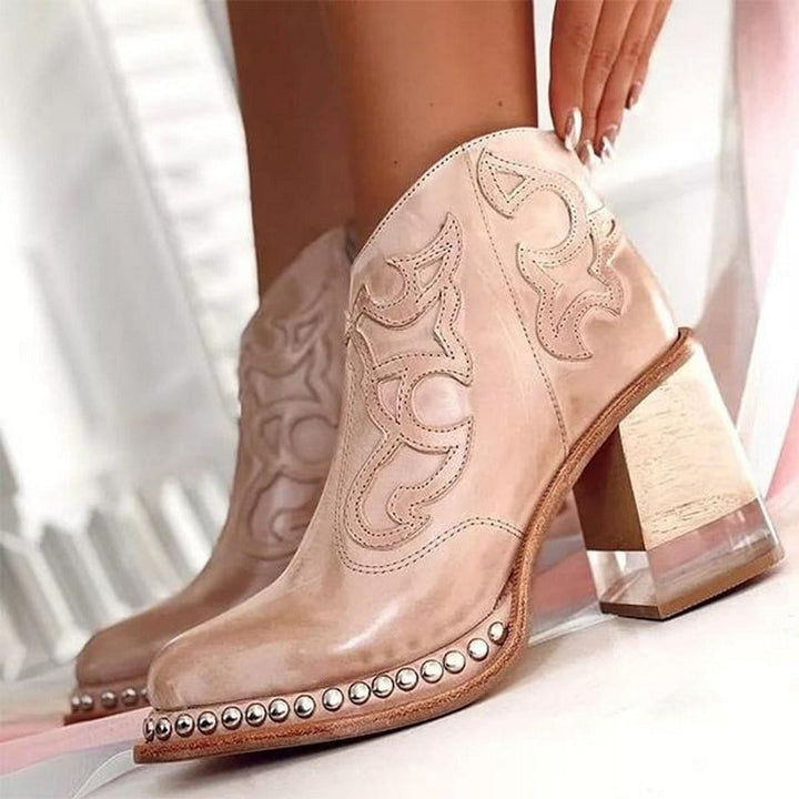 Women's Embroidered Western Cowboy Ankle Boots Block Heel Studded - Dune Pink