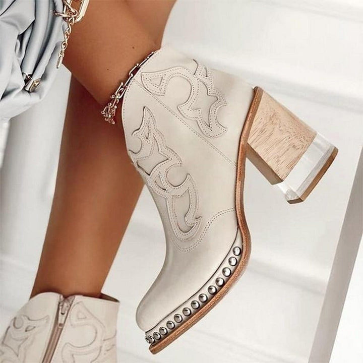 Women's Embroidered Western Cowboy Ankle Boots Block Heel Studded - Vegas White