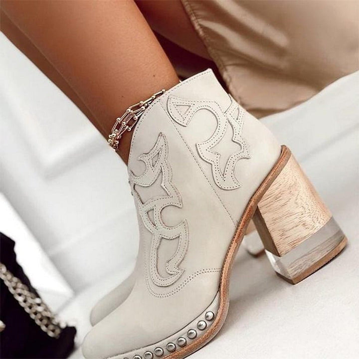Women's Embroidered Western Cowboy Ankle Boots Block Heel Studded
