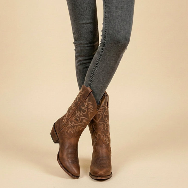 Women's Embroidered Western Cowboy Mid-Calf Boots - Brown