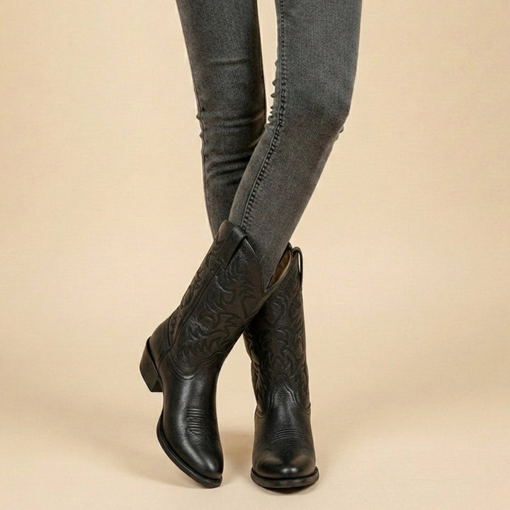 Women's Embroidered Western Cowboy Mid-Calf Boots - Black