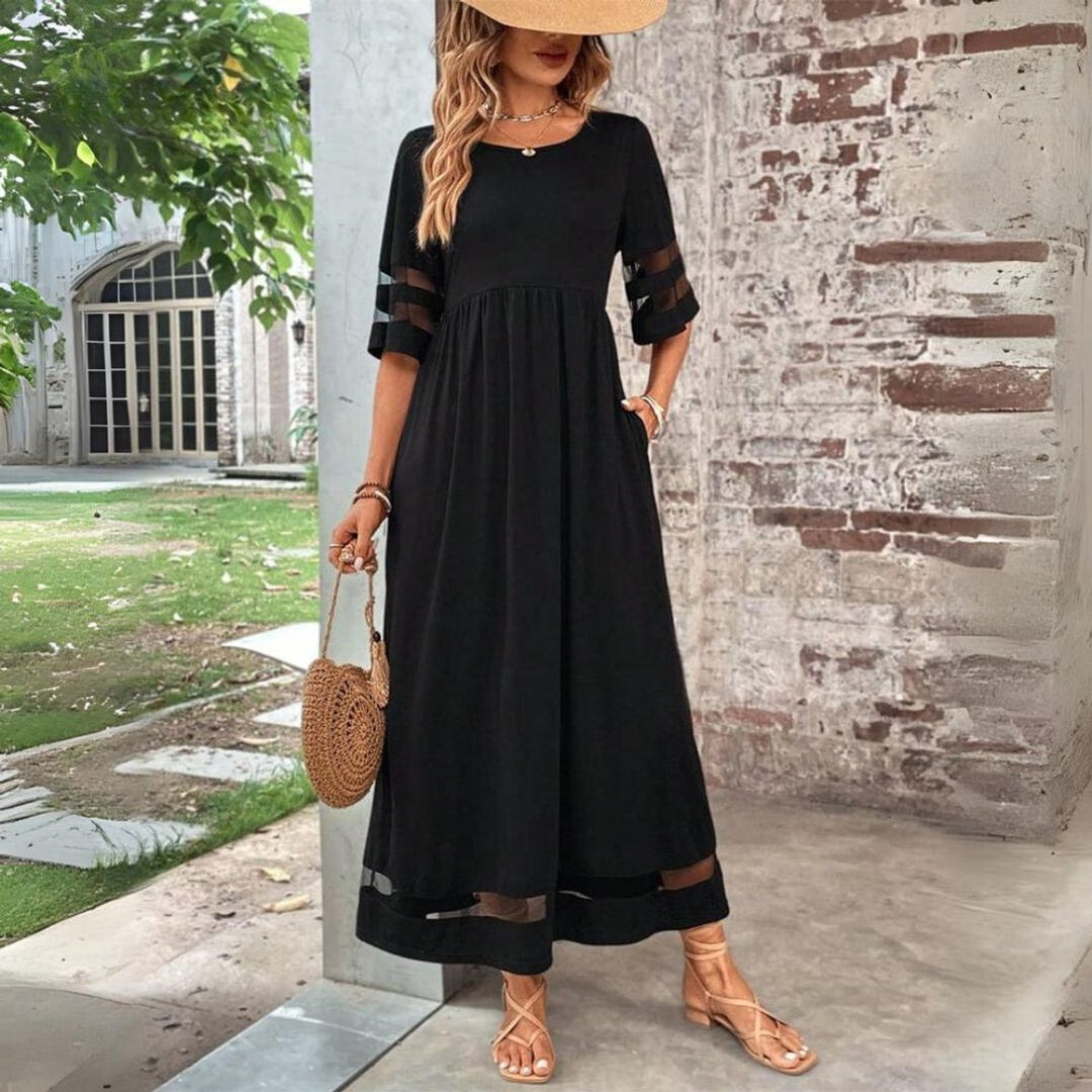 Women's Empire-Waist Mesh-Panel Elegant Dress Flowing Midi - Black
