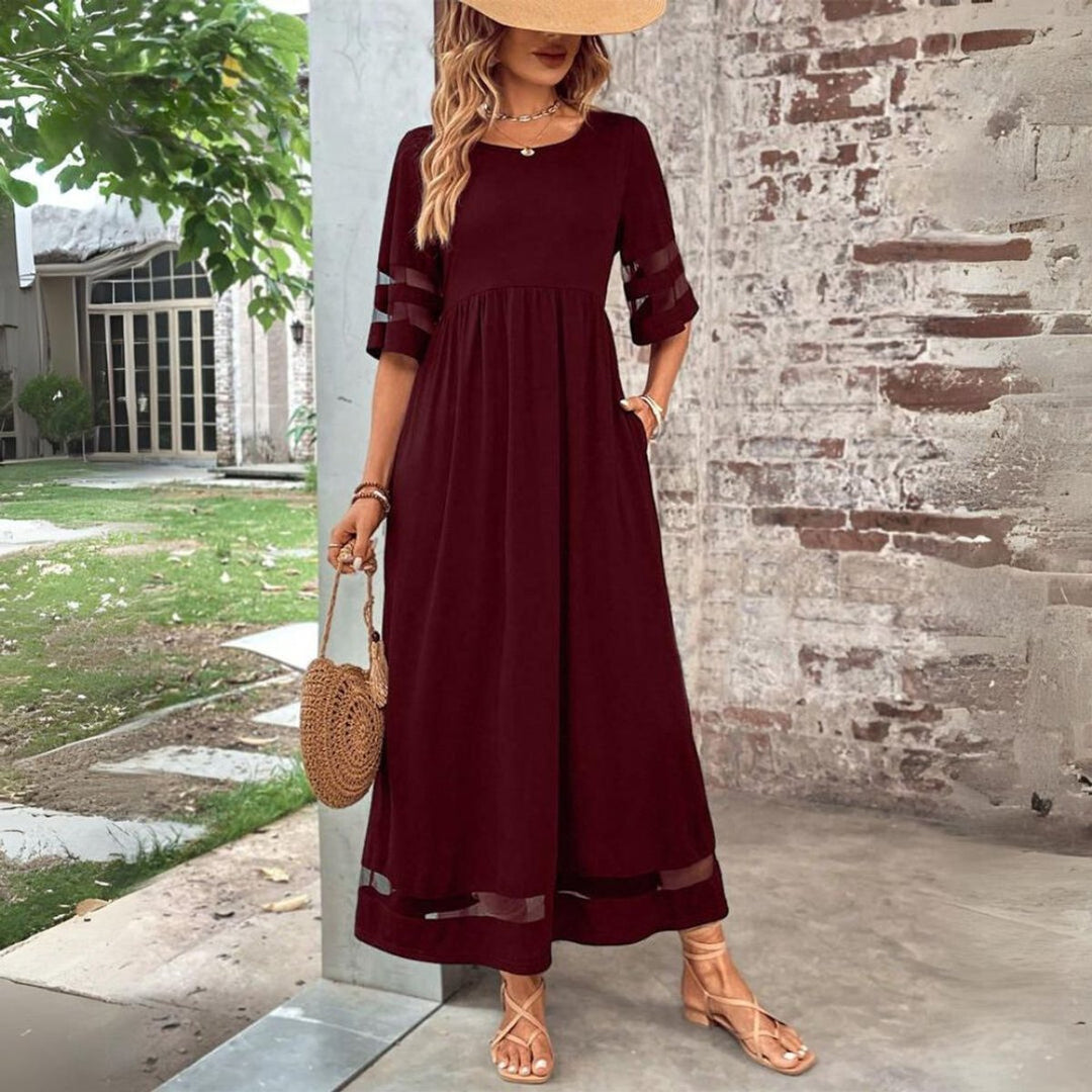 Women's Empire-Waist Mesh-Panel Elegant Dress Flowing Midi - Red
