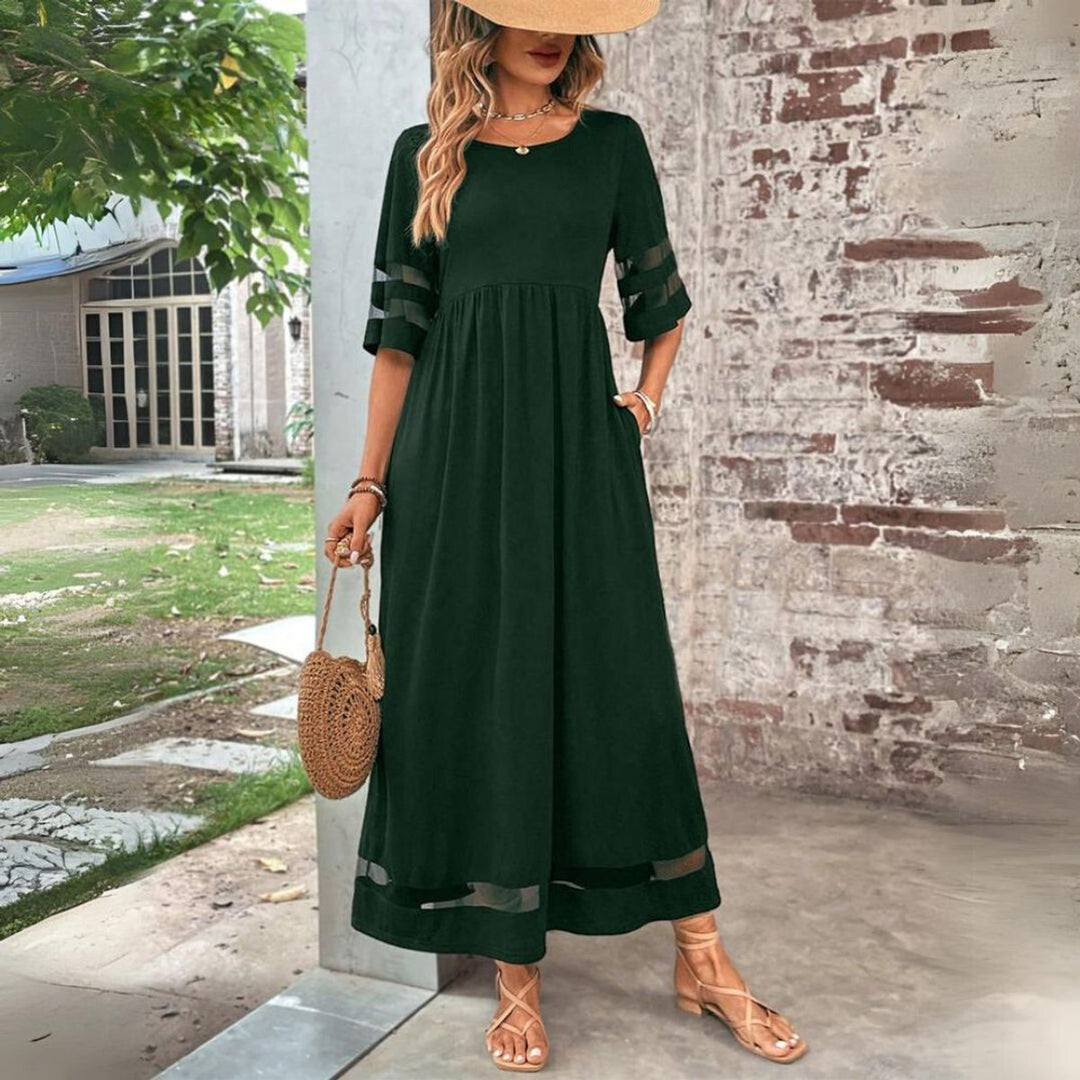 Women's Empire-Waist Mesh-Panel Elegant Dress Flowing Midi - Green