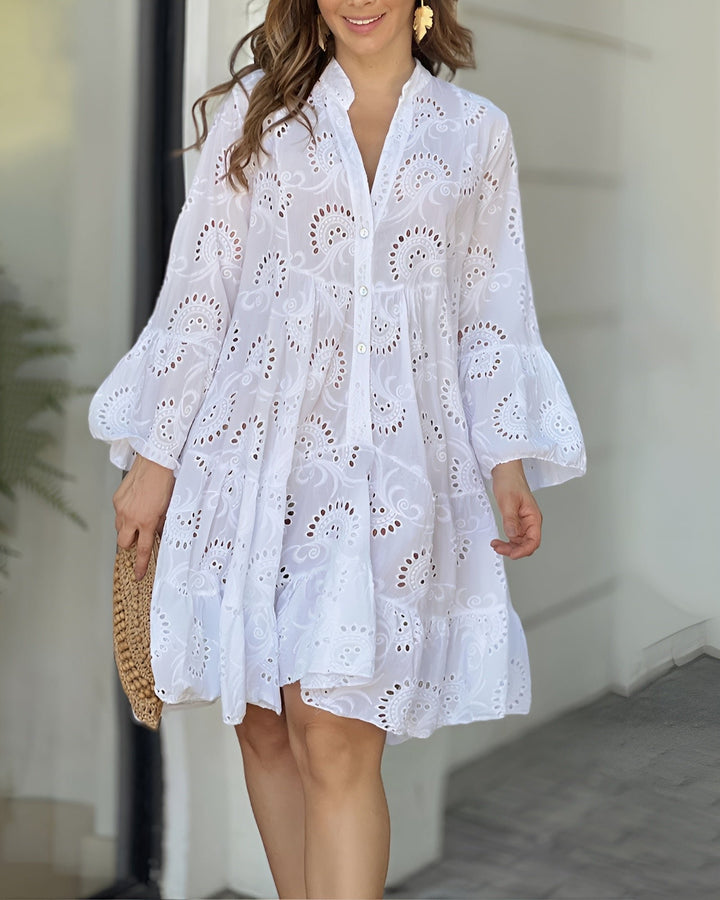Women's Eyelet Embroidered Flowy Button-Down Mini Dress - White