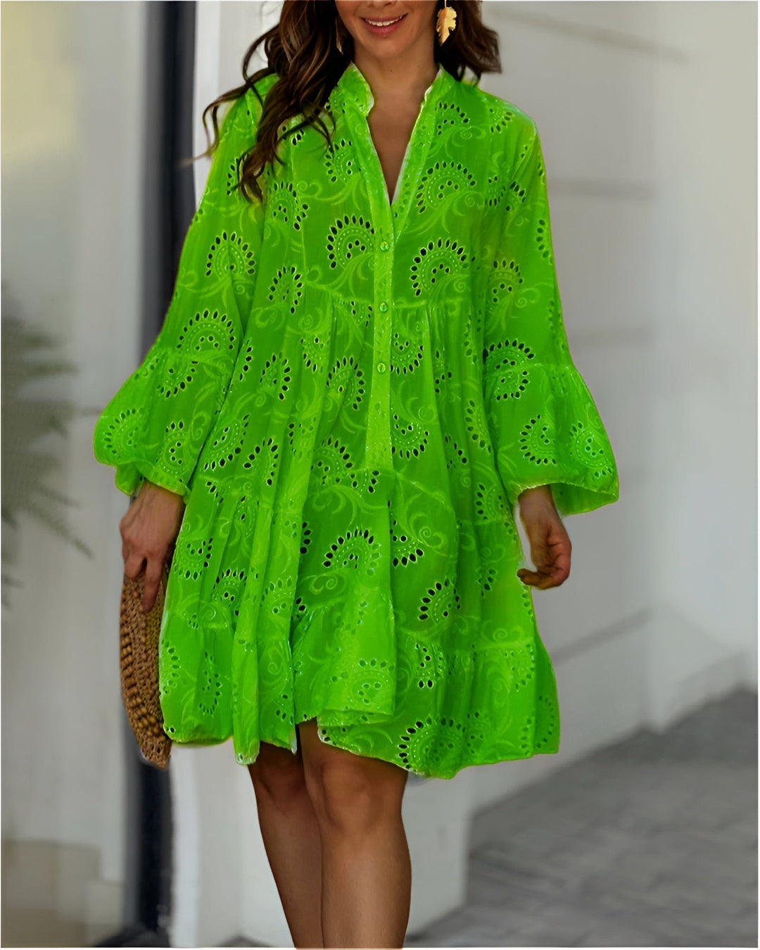 Women's Eyelet Embroidered Flowy Button-Down Mini Dress - Green