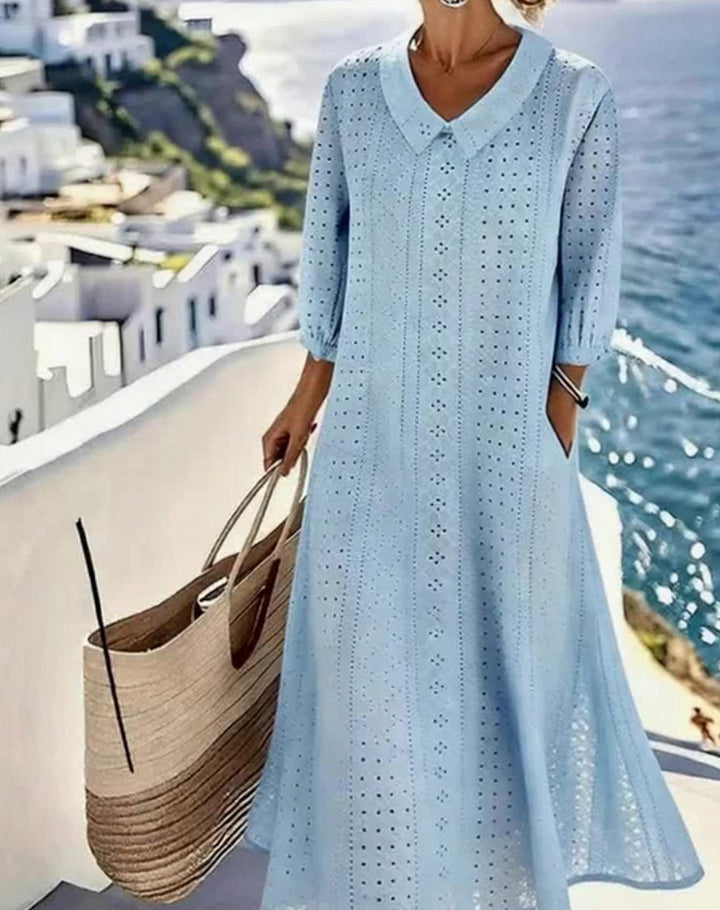 Women's Eyelet Hollow-Out V-Neck Relaxed Midi Dress - Blue