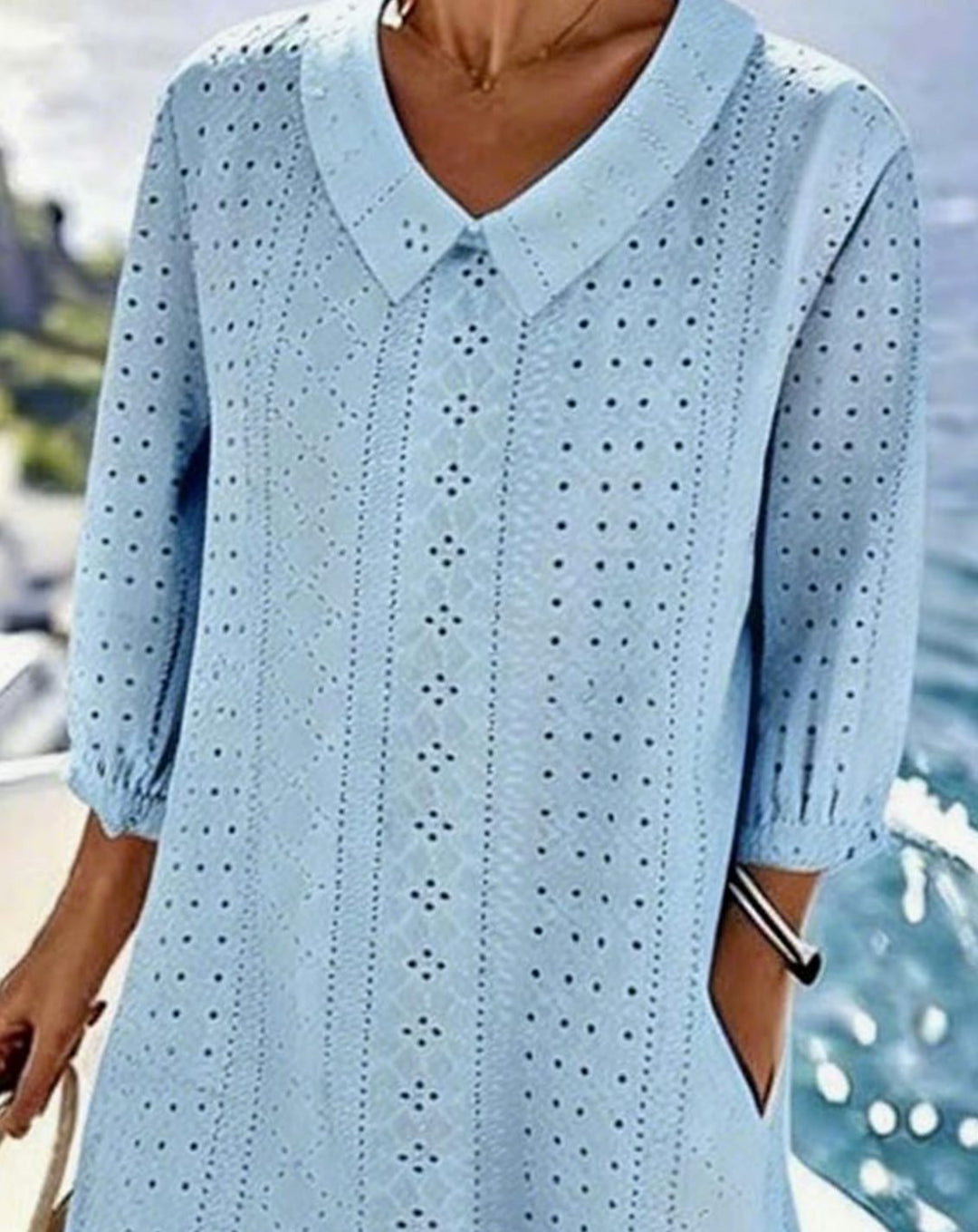 Women's Eyelet Hollow-Out V-Neck Relaxed Midi Dress