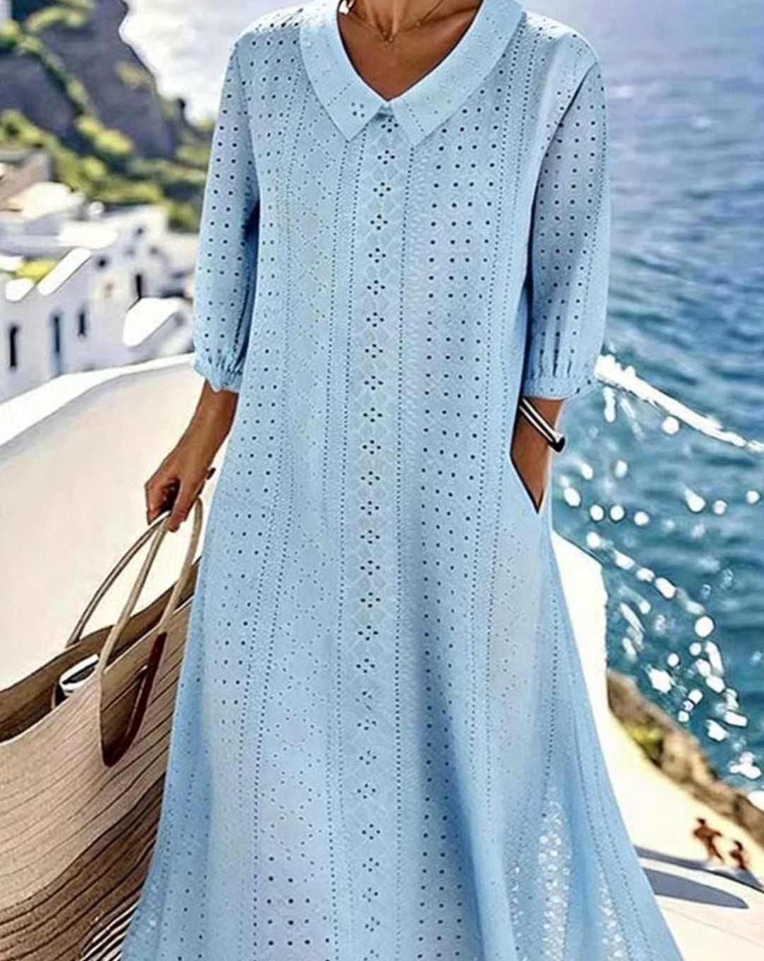 Women's Eyelet Hollow-Out V-Neck Relaxed Midi Dress