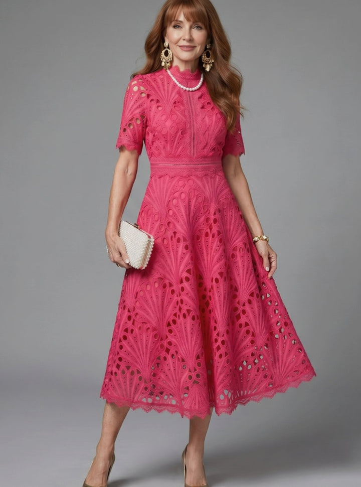 Women's Eyelet Lace Mock-Neck Short-Sleeve Midi Cocktail Dress - Pink