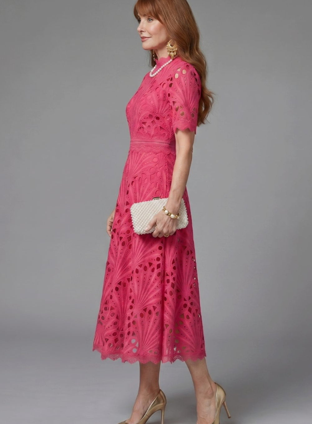 Women's Eyelet Lace Mock-Neck Short-Sleeve Midi Cocktail Dress