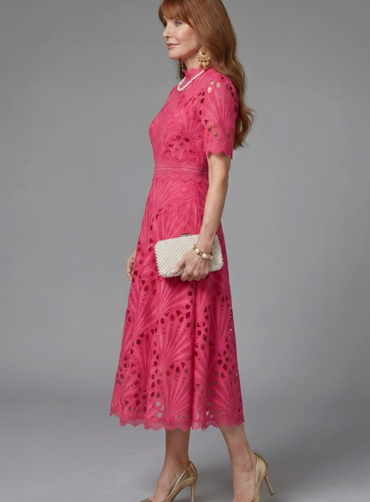Women's Eyelet Lace Mock-Neck Short-Sleeve Midi Cocktail Dress