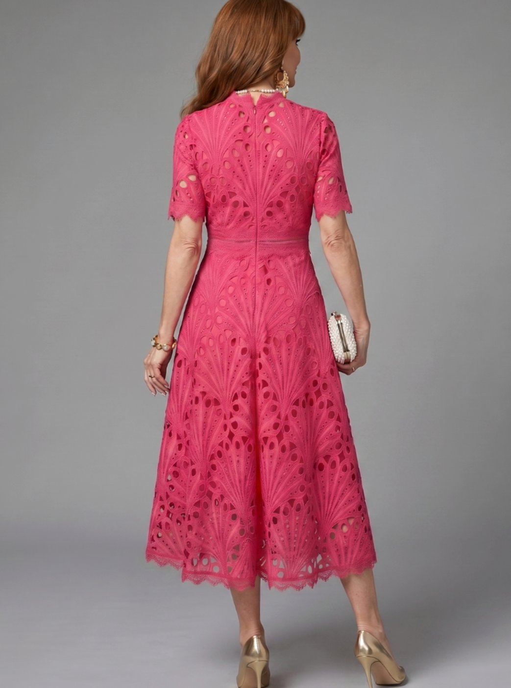 Women's Eyelet Lace Mock-Neck Short-Sleeve Midi Cocktail Dress