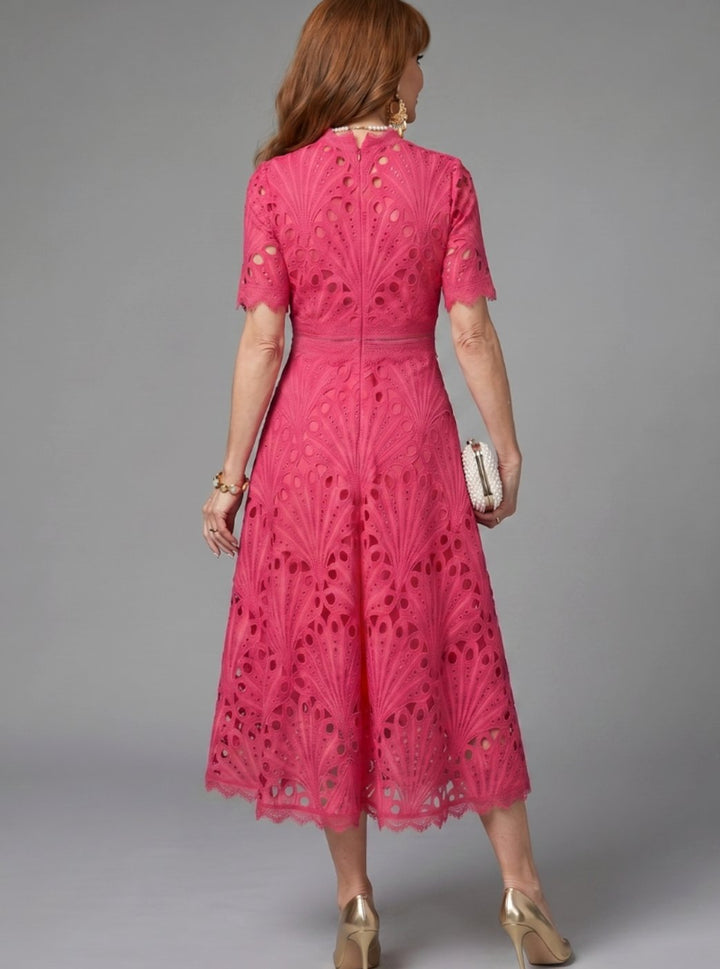 Women's Eyelet Lace Mock-Neck Short-Sleeve Midi Cocktail Dress