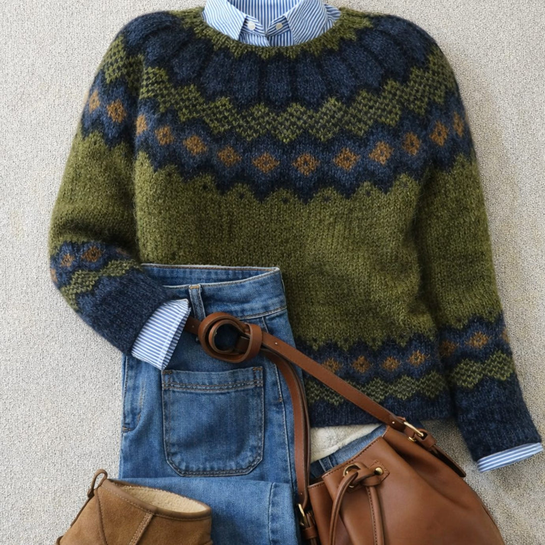 Women's Fair Isle Nordic Crew-Neck Knit Sweater - Green