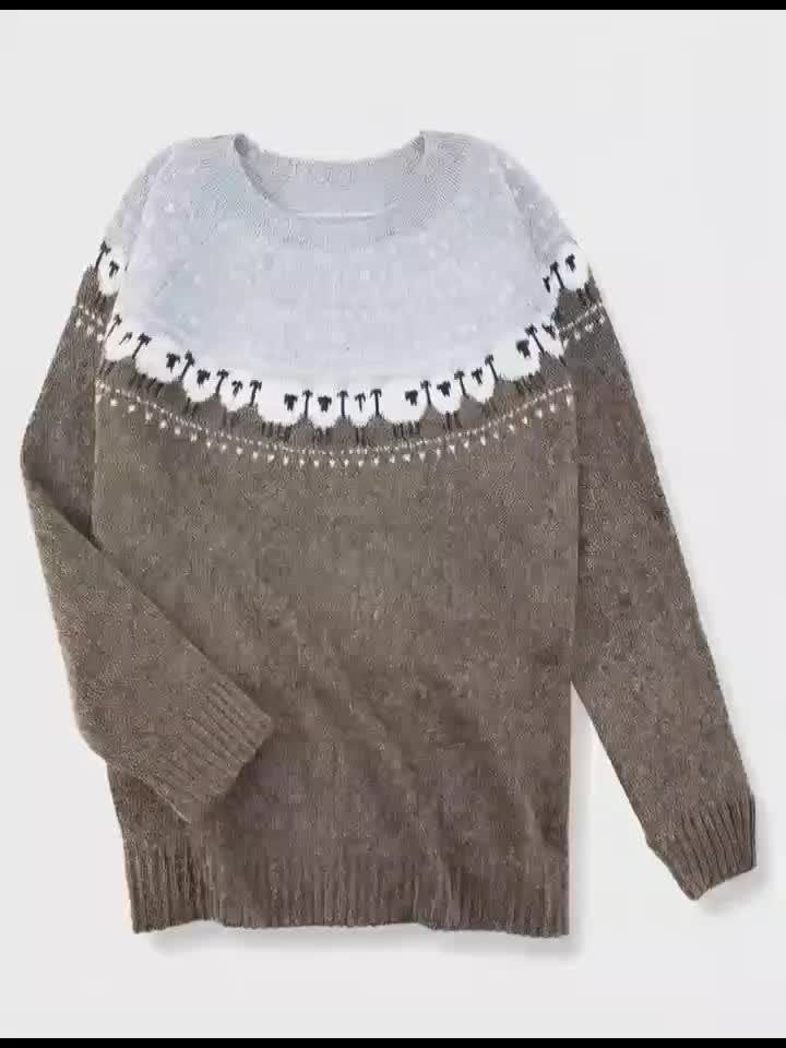 Women's Fair Isle Sheep Jacquard Thick Knit Pullover Sweater