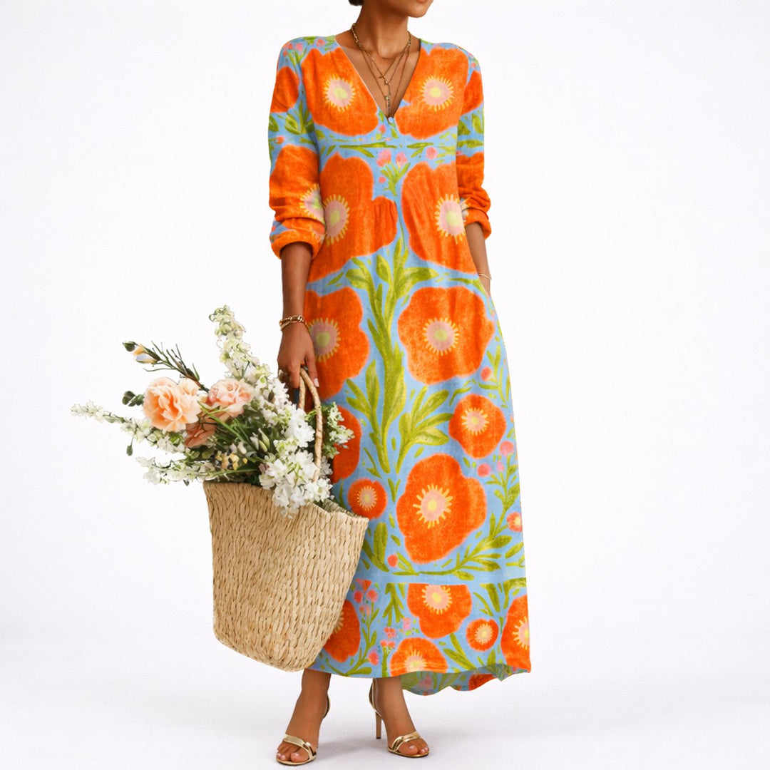 Women's Fall Wedding Guest Dresses Floral Long-Sleeve V-Neck Maxi Dress - Multicolor