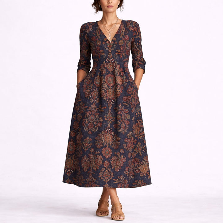 Women's Fall Wedding Guest Dresses Floral Maxi A-Line Dress - Multicolor