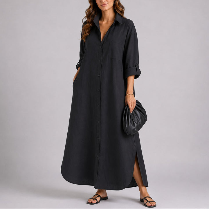 Women's Fall Wedding Guest Dresses Relaxed Linen Button-Front Maxi - Black