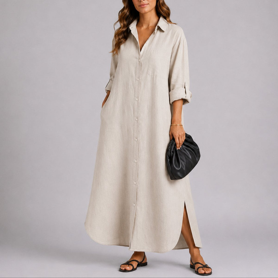 Women's Fall Wedding Guest Dresses Relaxed Linen Button-Front Maxi - Beige