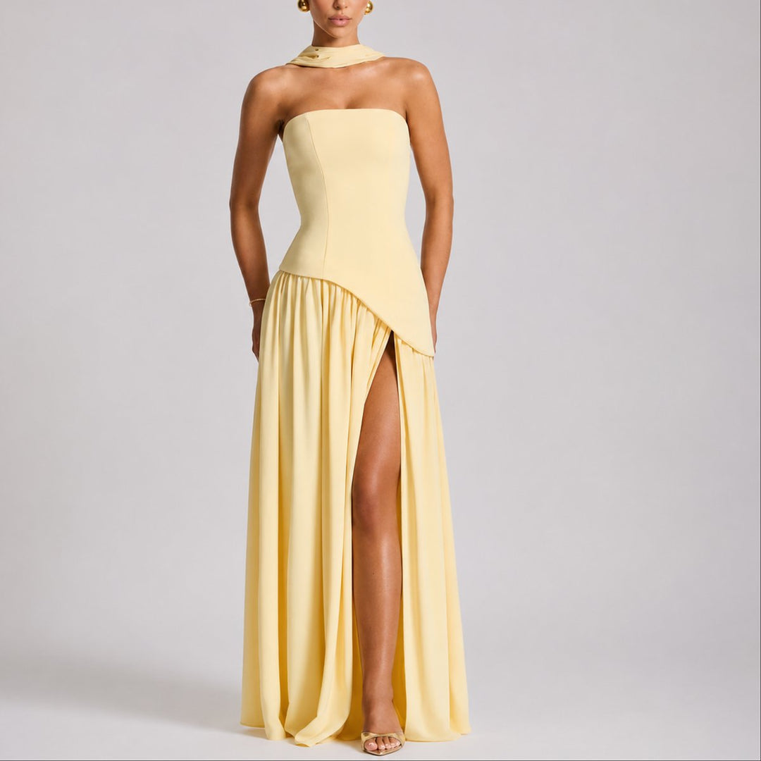 Women's Fall Wedding Guest Dresses Strapless Open-Back Scarf Maxi Gown - Yellow