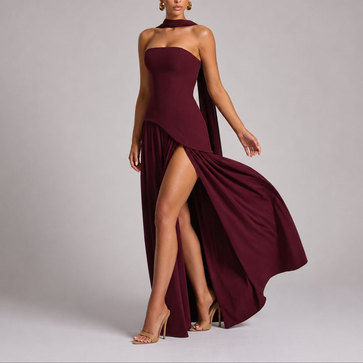 Women's Fall Wedding Guest Dresses Strapless Open-Back Scarf Maxi Gown - Red