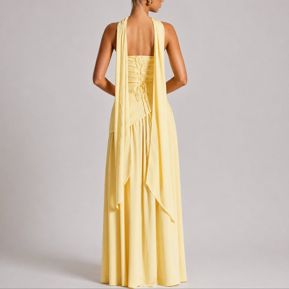 Women's Fall Wedding Guest Dresses Strapless Open-Back Scarf Maxi Gown