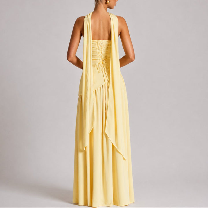 Women's Fall Wedding Guest Dresses Strapless Open-Back Scarf Maxi Gown