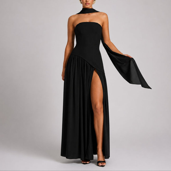 Women's Fall Wedding Guest Dresses Strapless Open-Back Scarf Maxi Gown - Black