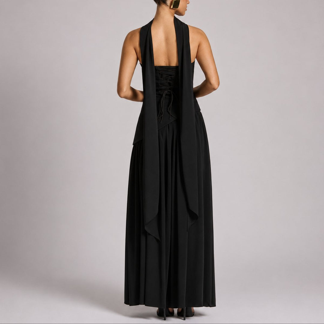 Women's Fall Wedding Guest Dresses Strapless Open-Back Scarf Maxi Gown