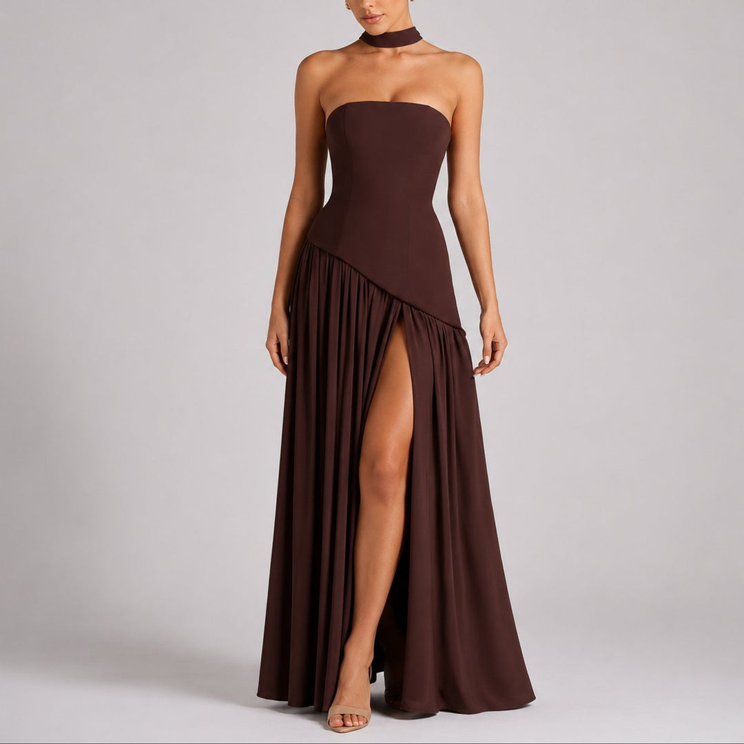 Women's Fall Wedding Guest Dresses Strapless Open-Back Scarf Maxi Gown - Brown