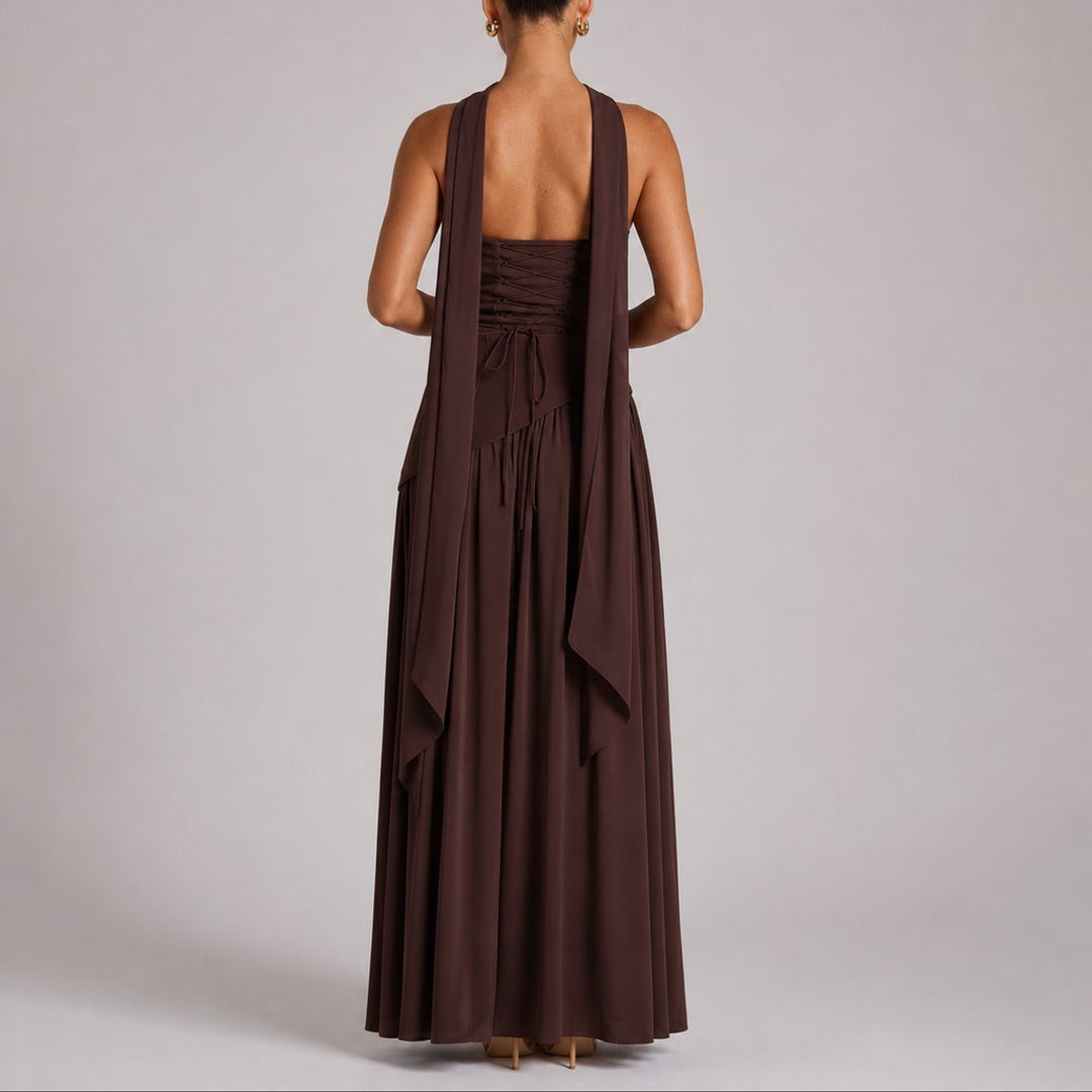 Women's Fall Wedding Guest Dresses Strapless Open-Back Scarf Maxi Gown