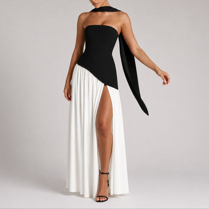 Women's Fall Wedding Guest Dresses Strapless Open-Back Scarf Maxi Gown - White