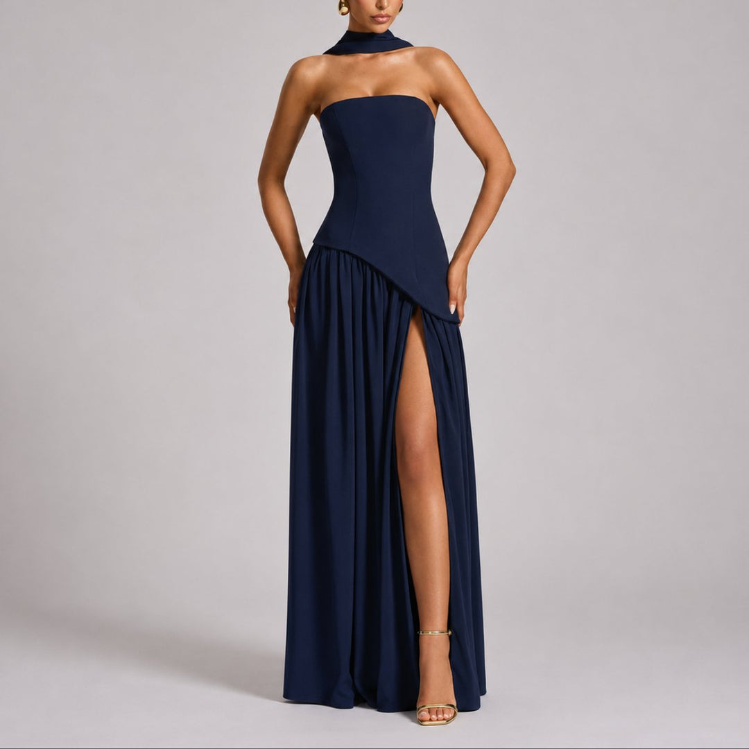 Women's Fall Wedding Guest Dresses Strapless Open-Back Scarf Maxi Gown - Navy