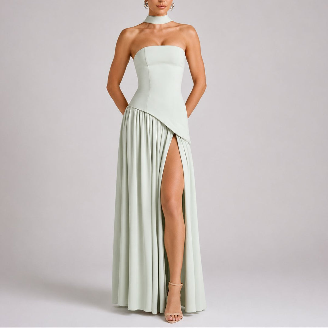 Women's Fall Wedding Guest Dresses Strapless Open-Back Scarf Maxi Gown - Light Green