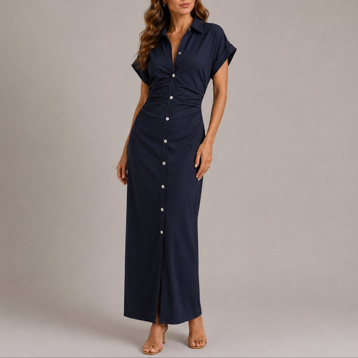 Women's Fall Wedding Guest Maxi Shirt Dress Ruched Waist Button-Down - Navy