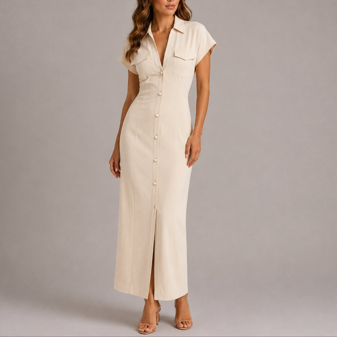 Women's Fall Wedding Guest Maxi Shirt Dress Ruched Waist Button-Down - Beige
