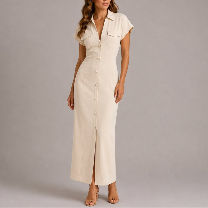 Women's Fall Wedding Guest Maxi Shirt Dress Ruched Waist Button-Down - Beige