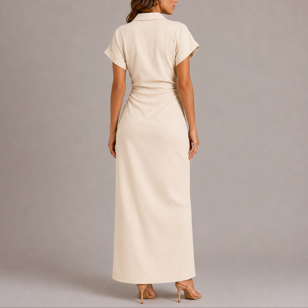 Women's Fall Wedding Guest Maxi Shirt Dress Ruched Waist Button-Down
