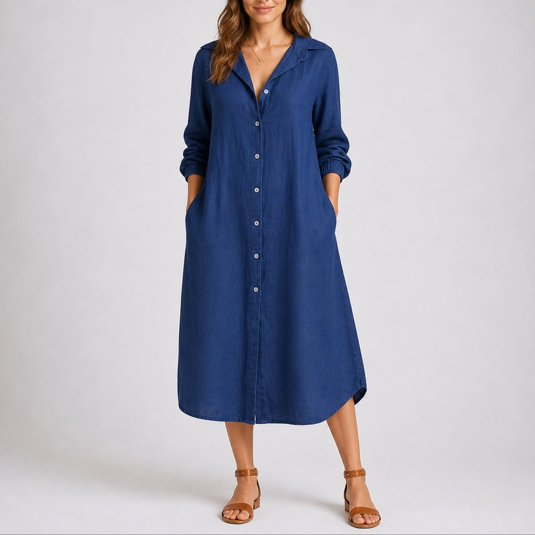 Women's Fall Wedding Guest Midi Shirt Dress Long Sleeve Button Front - Blue
