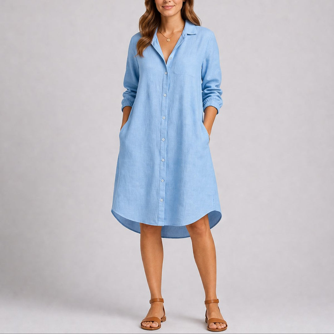 Women's Fall Wedding Guest Midi Shirt Dress Long Sleeve Button Front - Light Blue