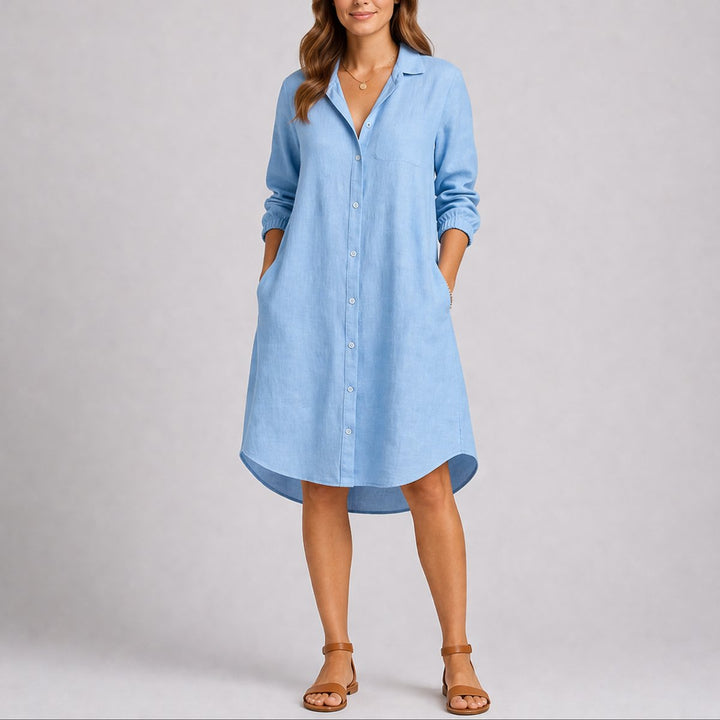 Women's Fall Wedding Guest Midi Shirt Dress Long Sleeve Button Front - Light Blue
