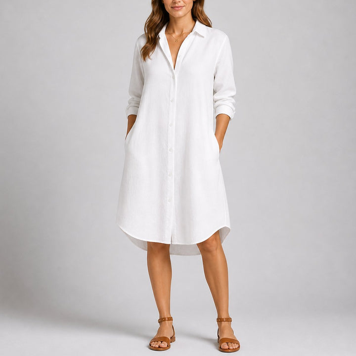 Women's Fall Wedding Guest Midi Shirt Dress Long Sleeve Button Front - White