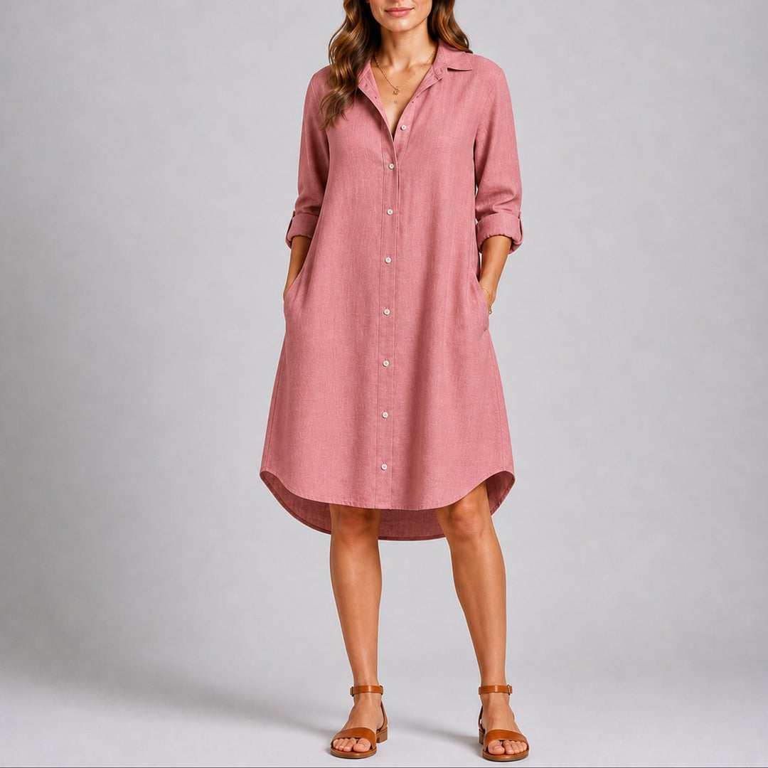 Women's Fall Wedding Guest Midi Shirt Dress Long Sleeve Button Front - Pink