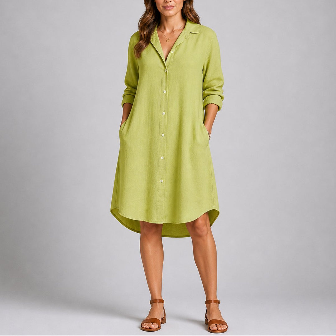 Women's Fall Wedding Guest Midi Shirt Dress Long Sleeve Button Front - Green