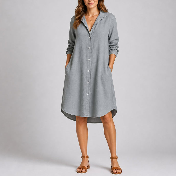Women's Fall Wedding Guest Midi Shirt Dress Long Sleeve Button Front - Gray
