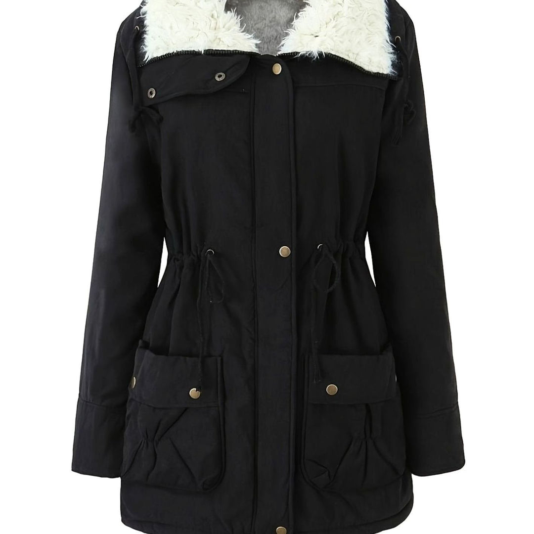 Women's Faux Fur Collar Drawstring Waist Winter Parka - Black