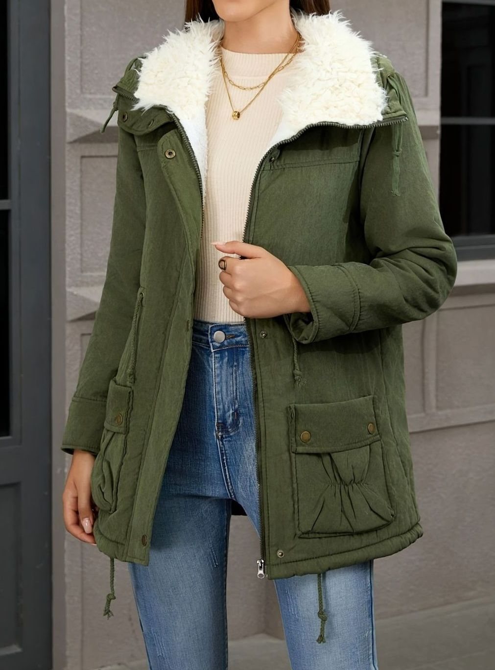 Women's Faux Fur Collar Drawstring Waist Winter Parka