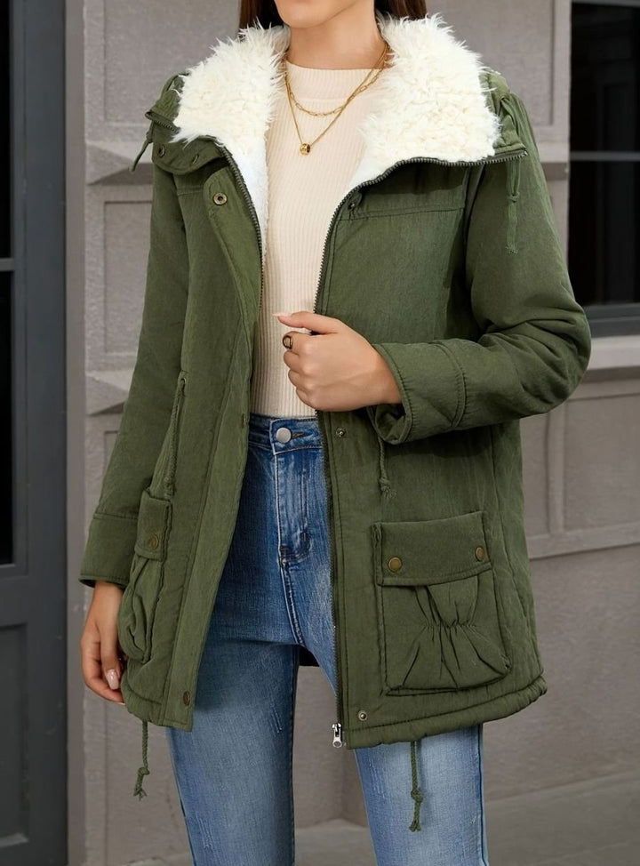 Women's Faux Fur Collar Drawstring Waist Winter Parka